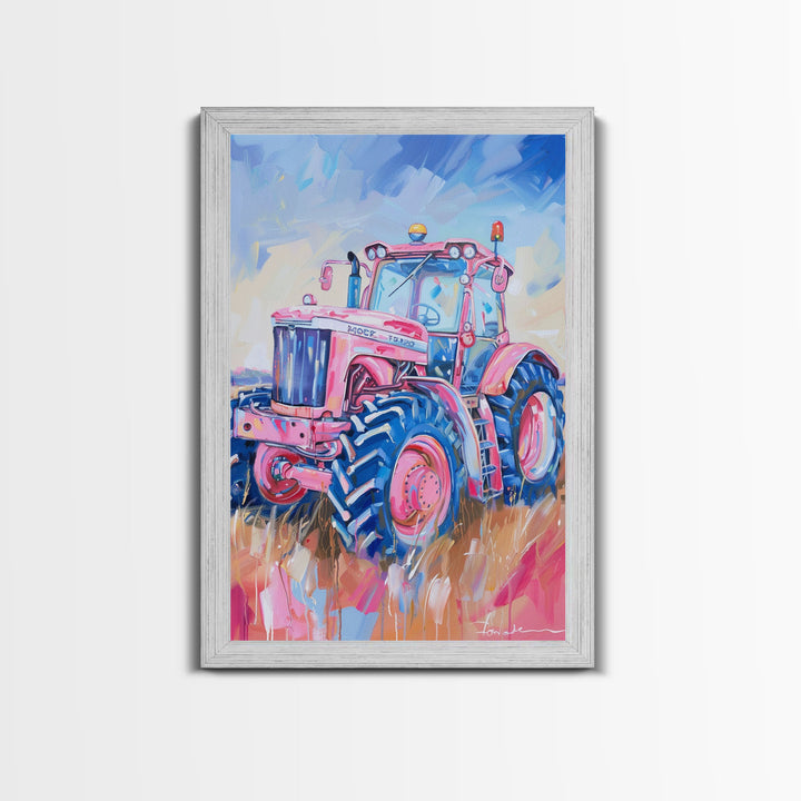 Vibrant Pink Tractor in Field with Blue Sky - Framed Canvas Print, Farmhouse Wall Art, Rustic Tractor Art for Living Room Decor