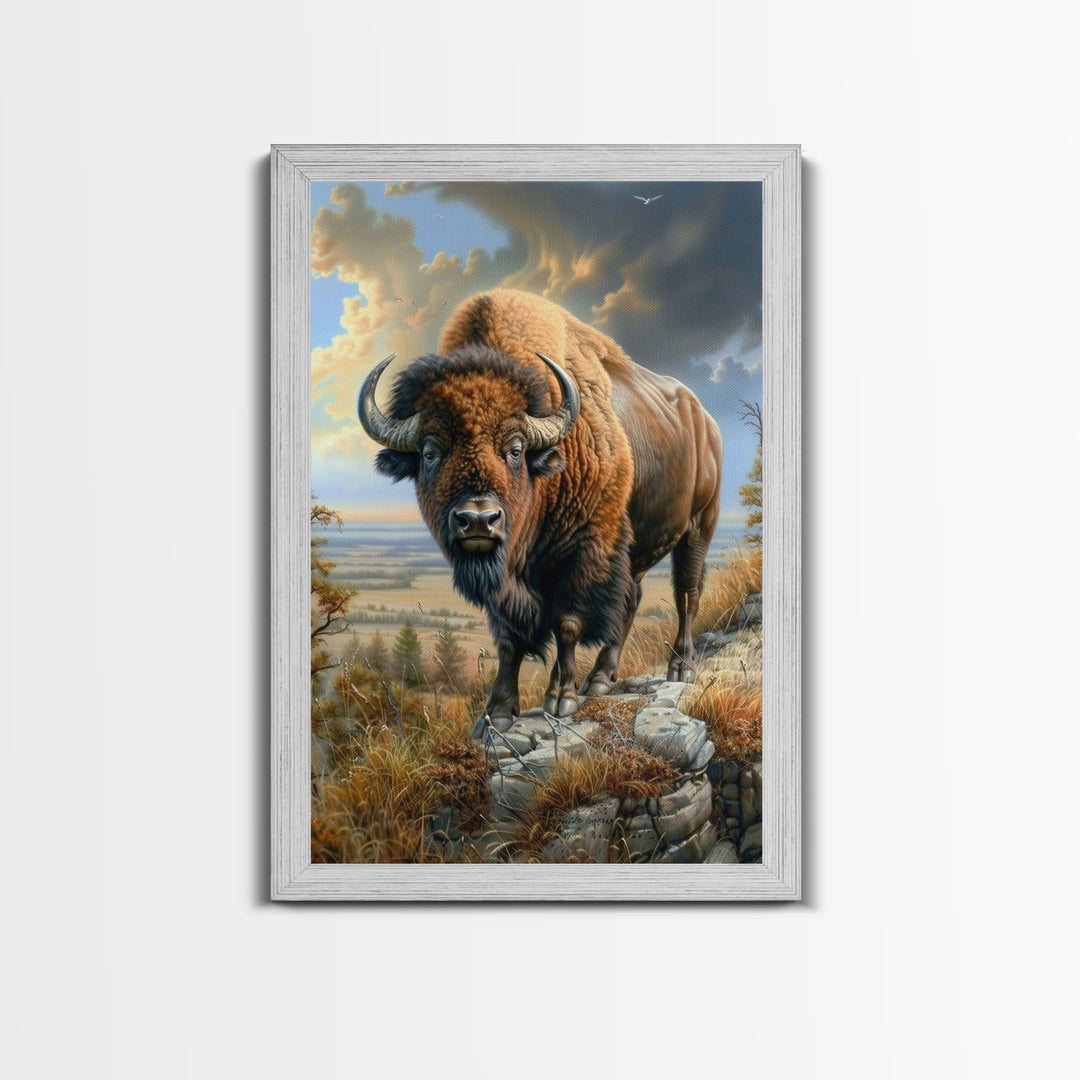 Powerful Bison in Prairie Landscape - Framed Canvas Print, Western Wildlife Wall Art, Bison Decor for Living Room and Bedroom