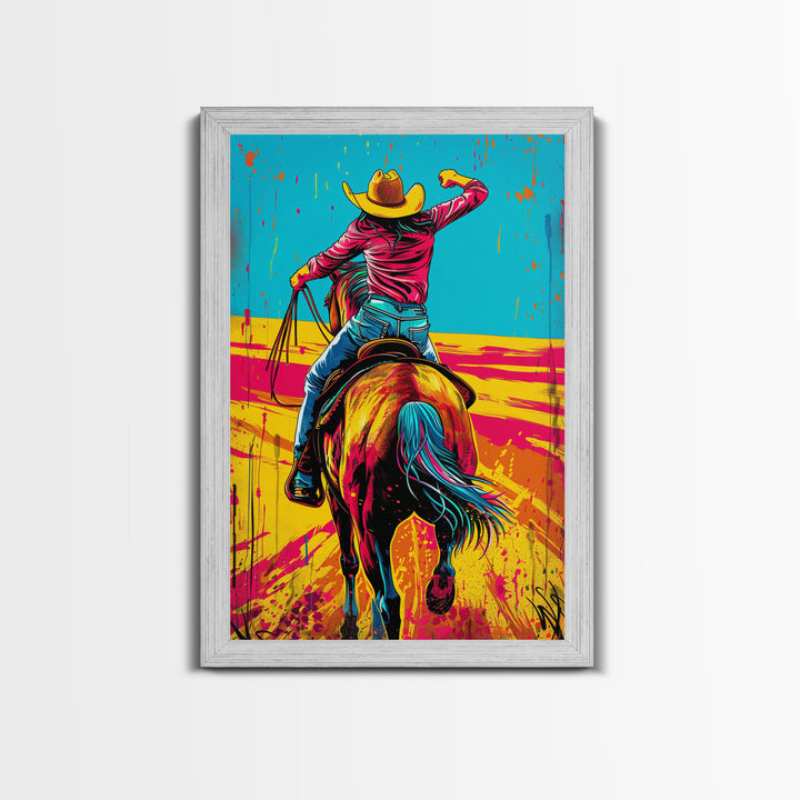 Vibrant Pop Art Cowboy on Horseback in Dynamic Colors - Framed Canvas Print, Western Decor, Cowboy Art for Living Room, Home Wall Art