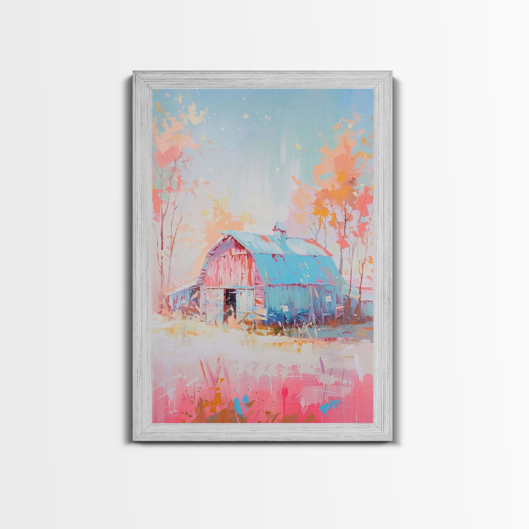 Vintage Pastel Barn with Blue Roof and Trees - Framed Canvas Print, Rustic Farmhouse Decor, Country Art for Home, Bedroom Wall Art