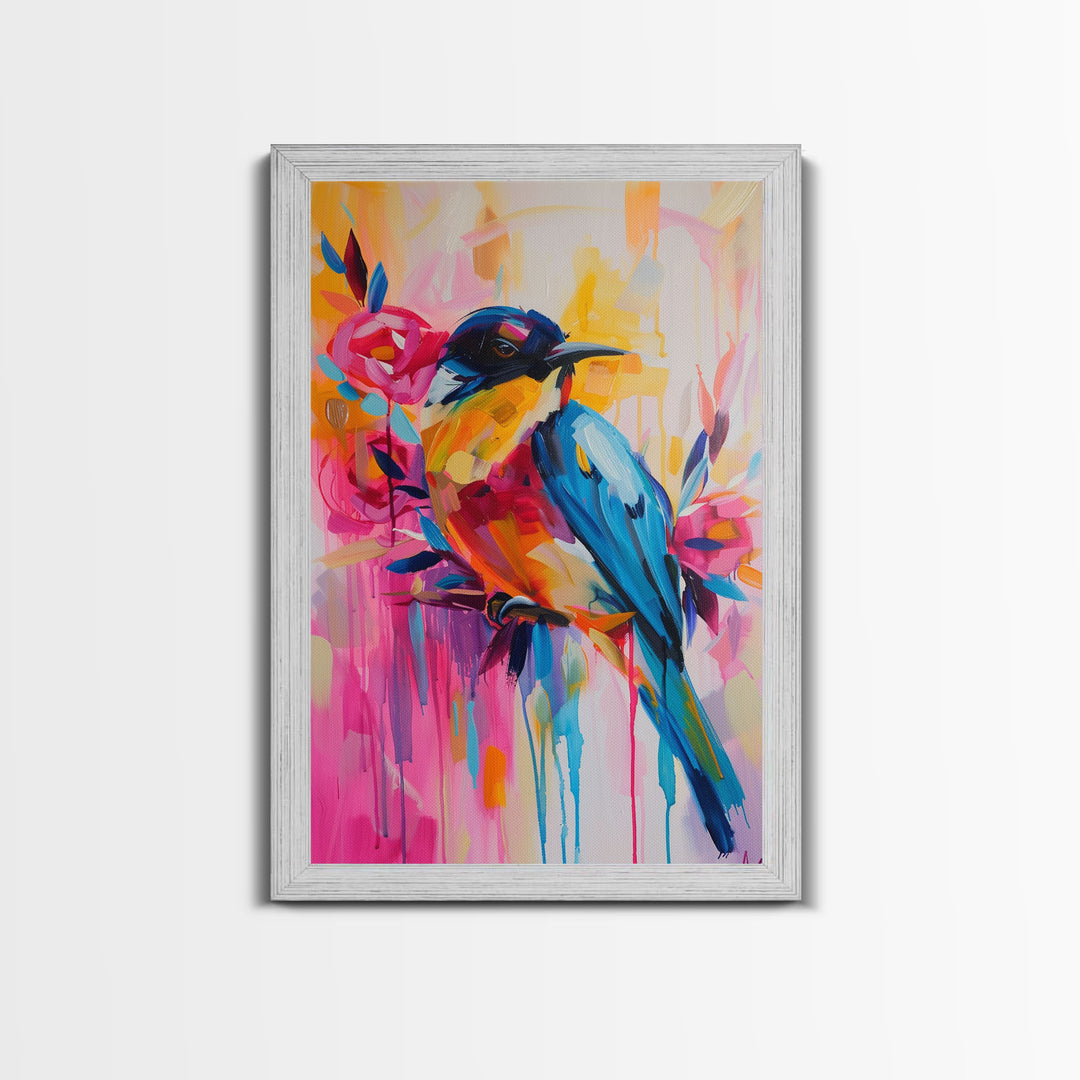 Vibrant Bird and Flowers in Colorful Pop Art Style - Framed Canvas Print Bird Decor, Floral Art for Living Room, Bright Wall Art for Bedroom