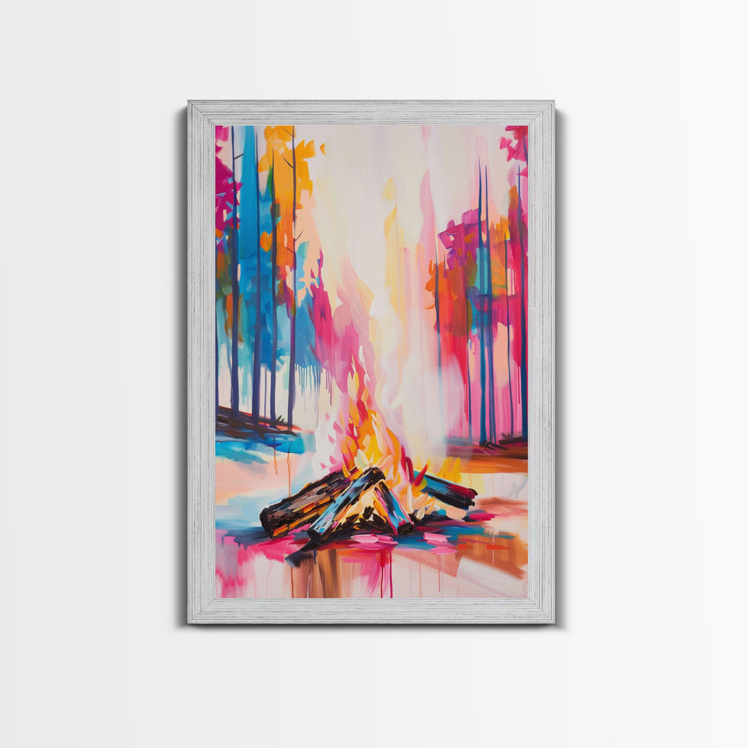 Vibrant Campfire Framed Canvas Print - Colorful Nature Wall Art, Living Room Decor, Modern Artwork, Unique Fire Art for Bedroom and Office