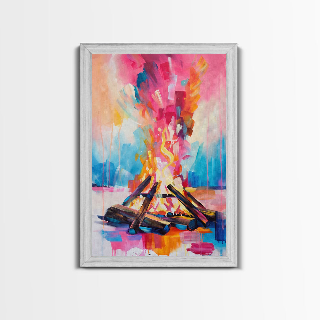 Abstract Campfire Framed Canvas Print - Colorful Fire Wall Art, Living Room Decor, Modern Artwork, Unique Nature Art for Bedroom and Office