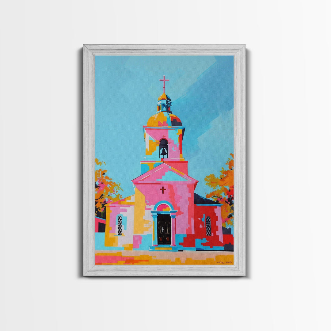 Abstract Church Painting with Bold Colors - Framed Canvas Print, Modern Religious Wall Art, Vibrant Church Decor for Home and Living Room