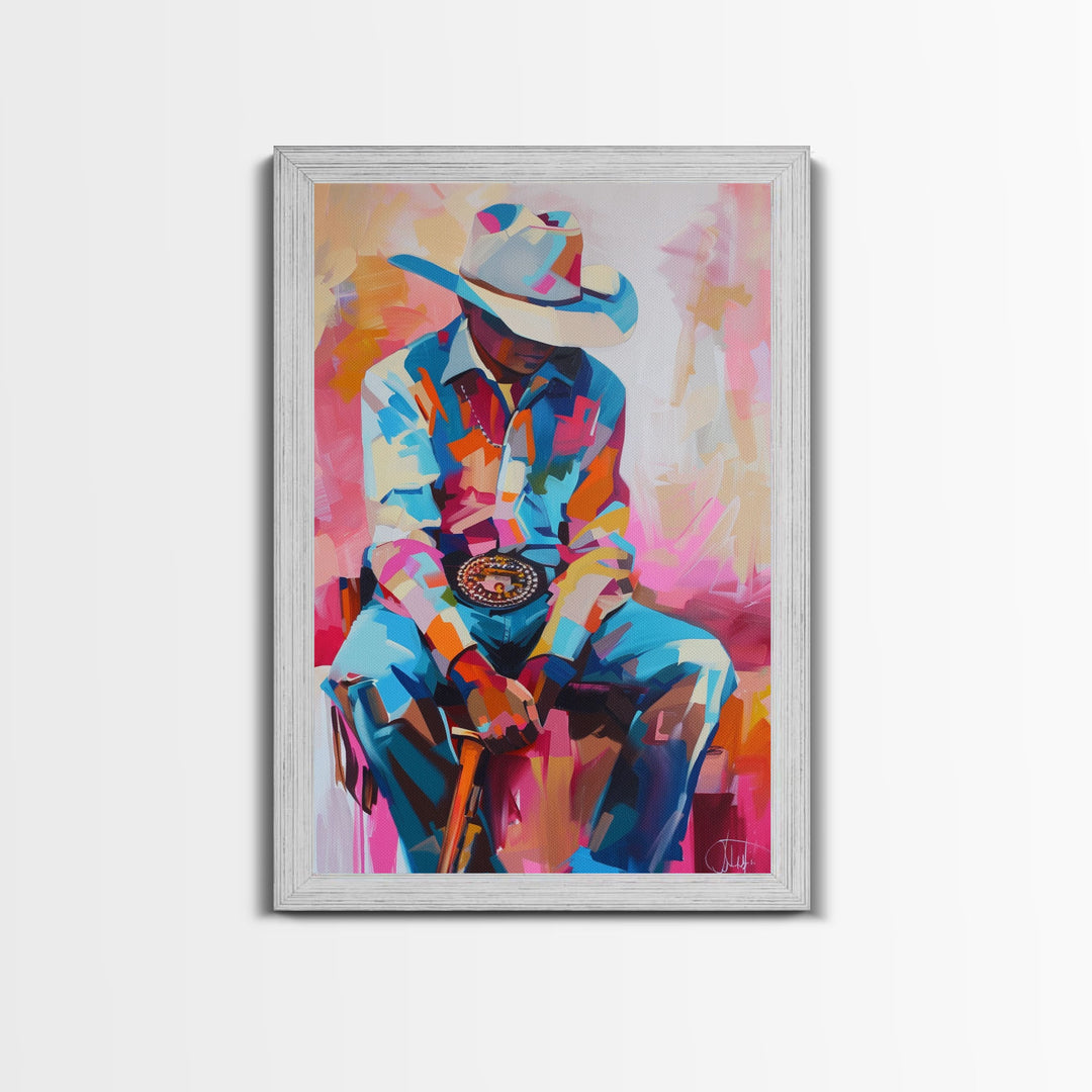 Vibrant Cowboy Portrait in Abstract Colors - Framed Canvas Print, Modern Western Decor, Colorful Cowboy Wall Art for Living Room or Bedroom