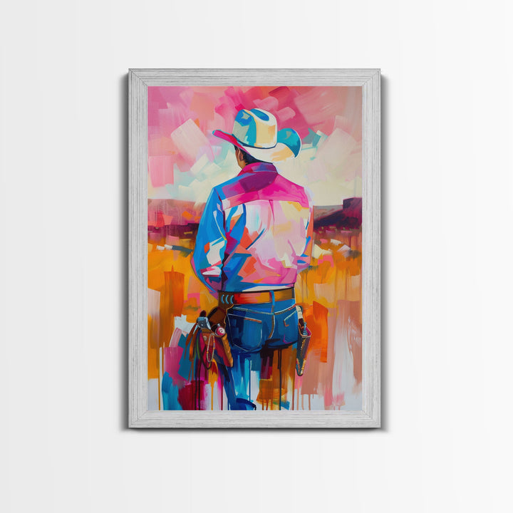 Abstract Cowboy Art in Pastel Hues - Framed Canvas Print, Contemporary Western Decor, Colorful Cowboy Wall Art for Living Room or Bedroom