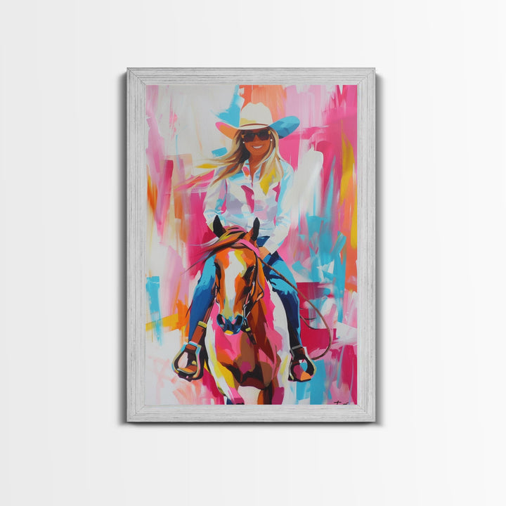 Smiling Cowgirl Riding Horse Art - Framed Canvas Print, Cheerful Living Room Decor, Colorful Western Wall Art, Horse Rider Artwork