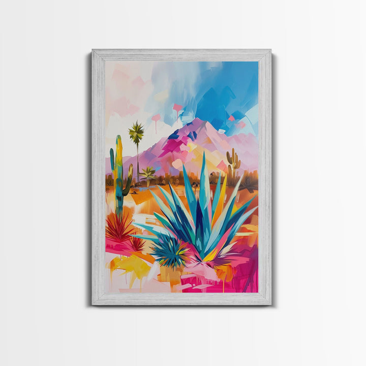 Vibrant Desert Landscape Art - Framed Canvas Print, Southwestern Decor, Modern Living Room Wall Art, Colorful Cactus and Mountains