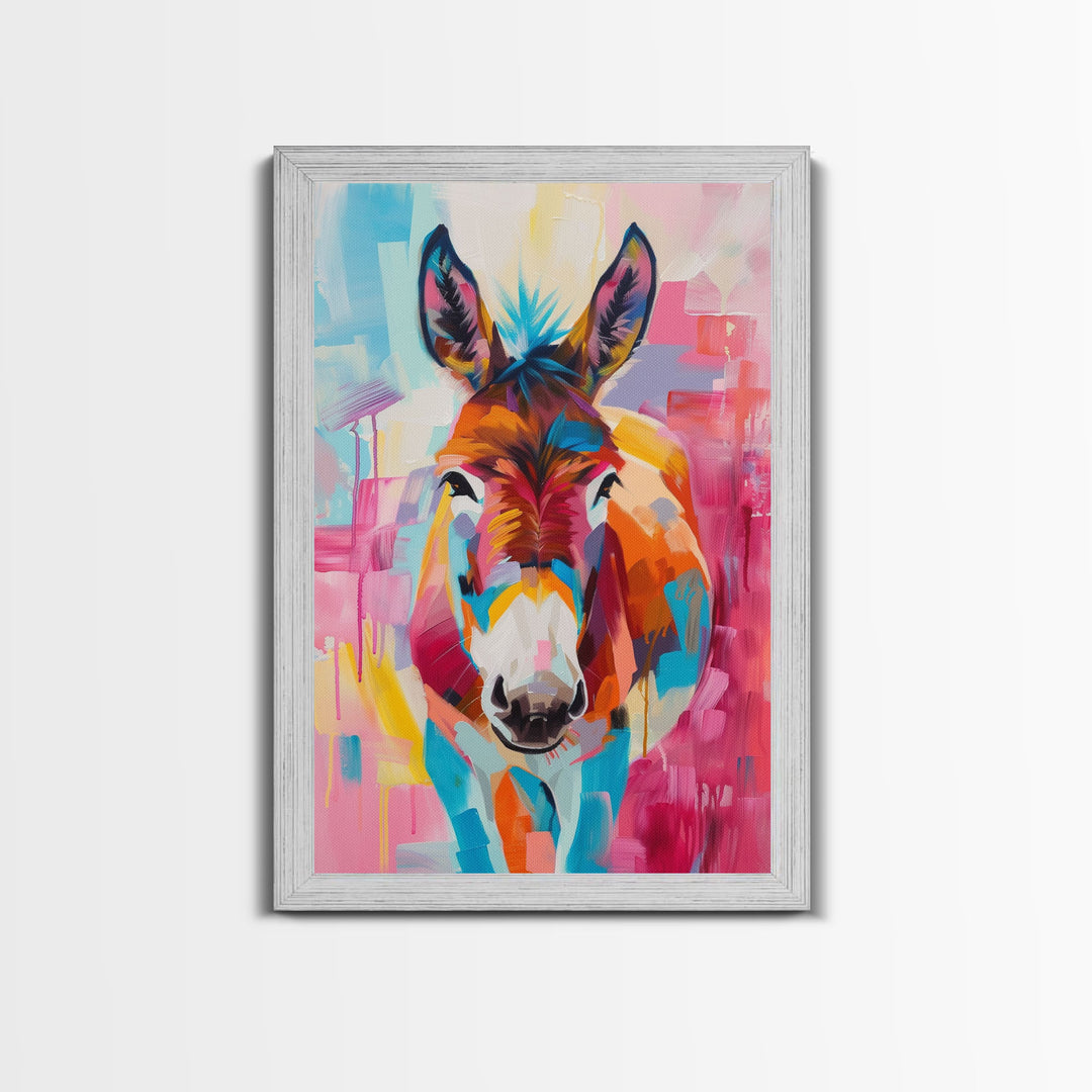 Vibrant Donkey Close-up Art - Framed Canvas Print, Southwestern Decor, Colorful Living Room Wall Art, Modern Animal Portrait