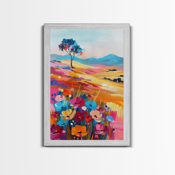 Vibrant Hills and Flowers Framed Canvas Print - Colorful Landscape Wall Art, Bright Living Room Decor, Whimsical Bedroom Art