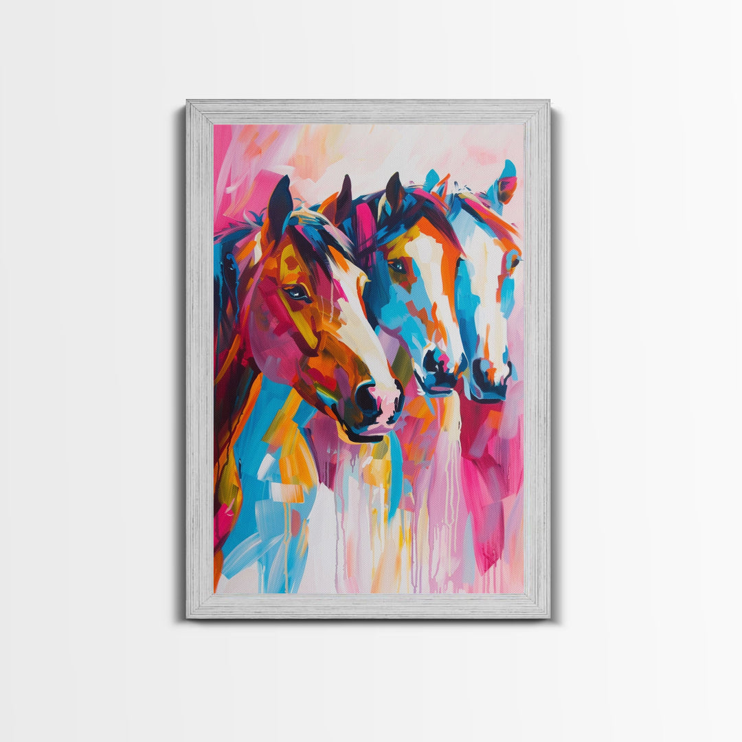 Three Horses in Vibrant Colors Framed Canvas Print - Bold Horse Wall Art, Eye-catching Living Room Decor Bright Bedroom Art Horse Lover Gift