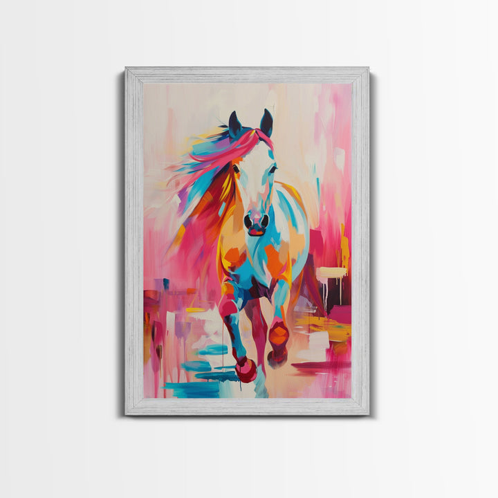 Vibrant Horse in Motion Framed Canvas Print - Dynamic Horse Wall Art, Colorful Living Room Decor, Energetic Bedroom Art, Equestrian Home Art