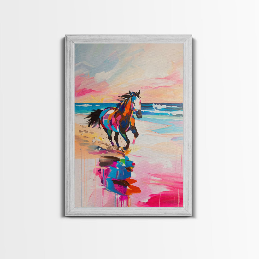 Vibrant Horse on the Beach - Framed Canvas Print, Colorful Wall Art, Coastal Living Room Decor, Modern Horse Artwork, Beach Art Print