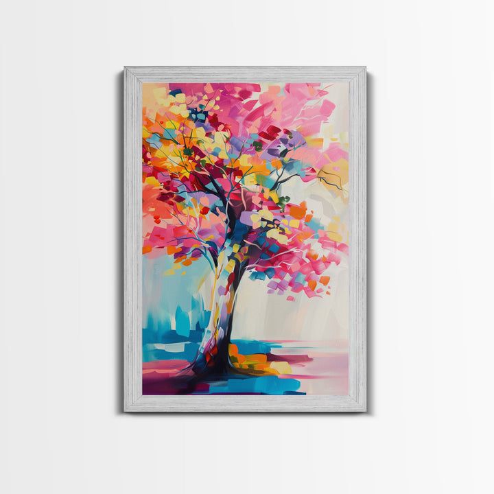 Vibrant Tree Art in Bold Colors - Framed Canvas Print, Modern Wall Art, Living Room Decor, Colorful Nature Artwork, Abstract Tree Art Print