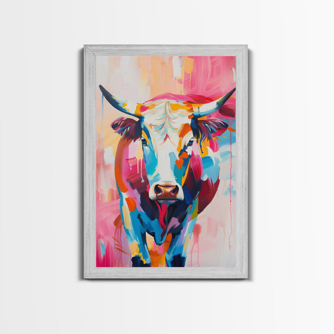 Vibrant Cow Head in Bold Colors - Framed Canvas Print, Modern Wall Art, Living Room Decor Colorful Animal Artwork, Cow Portrait, Bedroom Art