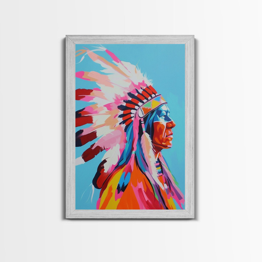 Vibrant Native American Chief Framed Canvas Print - Bold Wall Art, Living Room Decor, Colorful Tribal Art for Bedroom, Home Decor