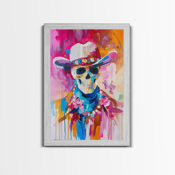 Vibrant Skeleton Cowboy Art - Framed Canvas Print, Colorful Western Decor, Skull Art, Living Room Wall Art, Unique Home Decor