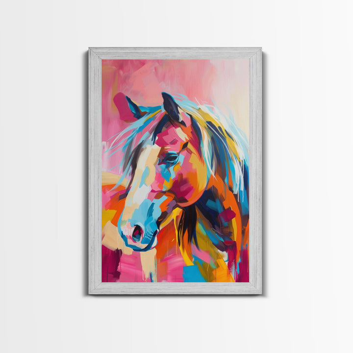 Vibrant Horse Head Painting - Framed Canvas Print, Colorful Living Room Decor, Bold Wall Art, Unique Home Decor