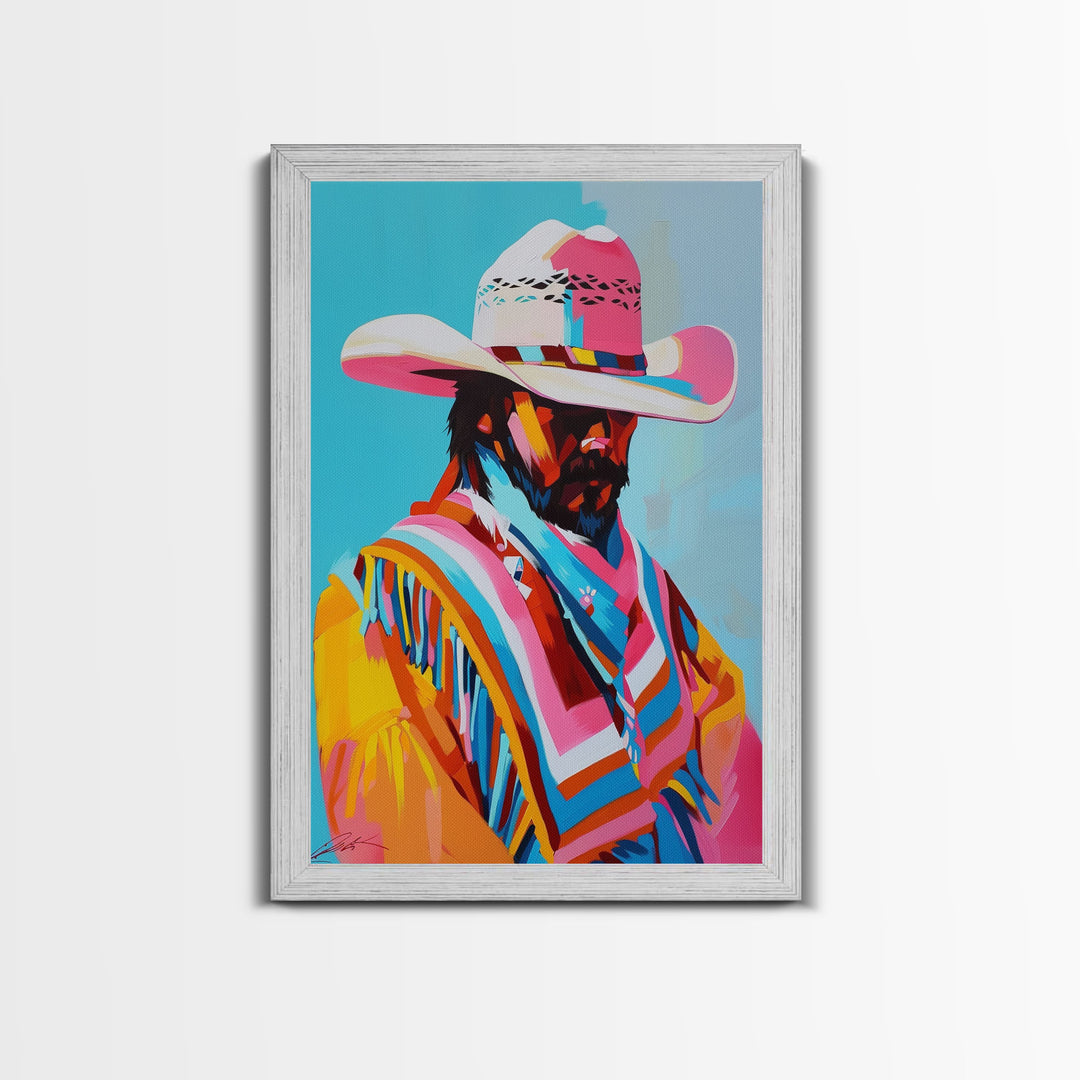 Vibrant Cowboy Portrait - Framed Canvas Print, Colorful Living Room Decor, Bold Wall Art, Unique Home Decor