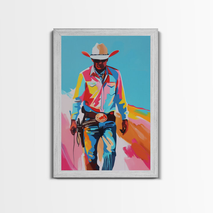 Vibrant Cowboy in Desert Silhouette - Framed Canvas Print, Colorful Western Art, Modern Cowboy Wall Art for Living Room Decor