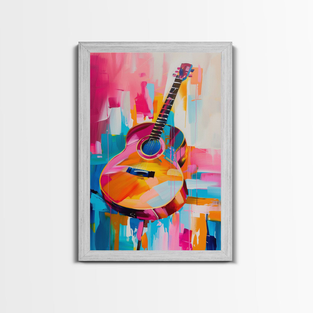 Vibrant Acoustic Guitar Painting - Framed Canvas Print, Colorful Western Art, Musical Wall Art for Living Room Decor