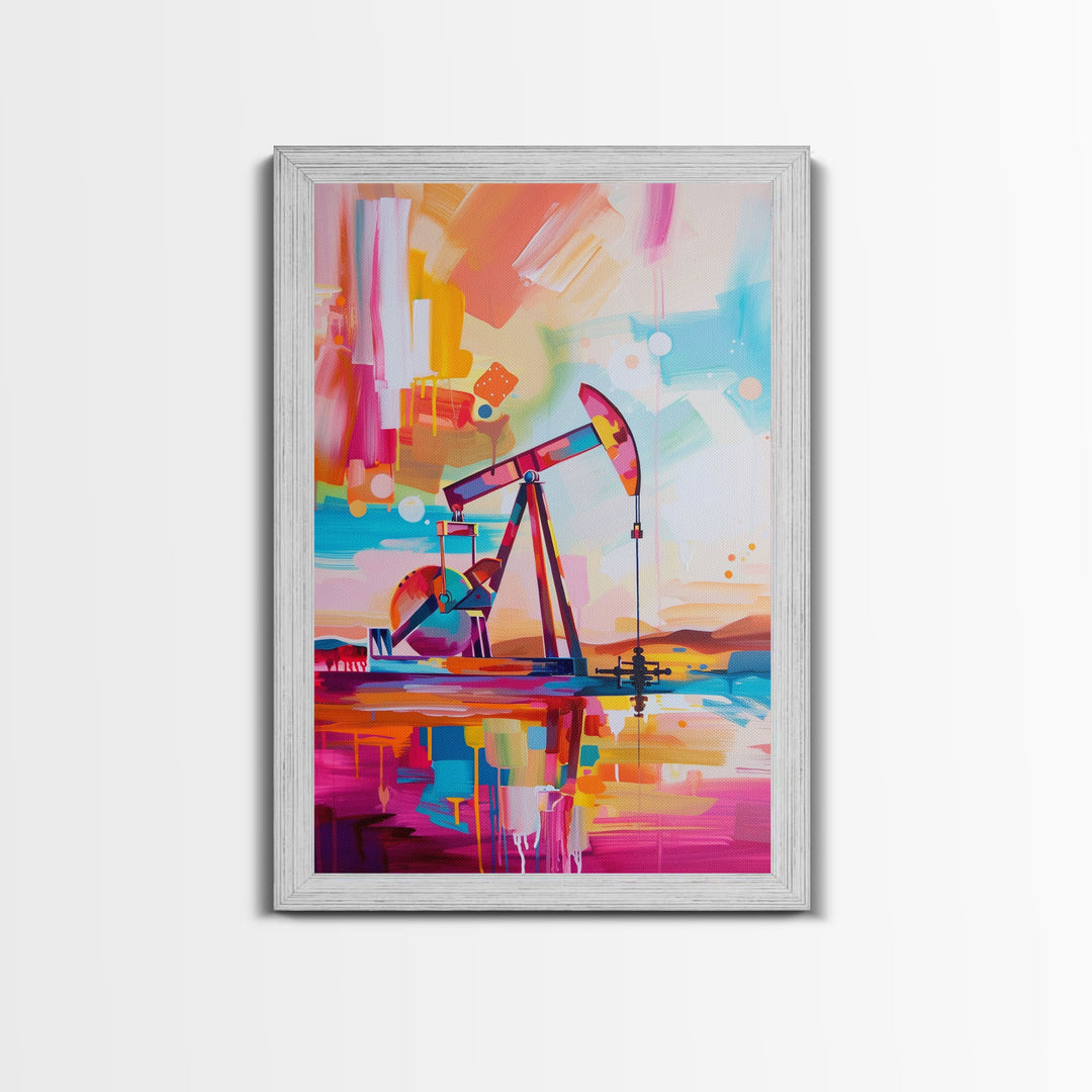 Vibrant Abstract Oil Rig Art - Framed Canvas Print, Modern Industrial Decor, Colorful Oil Pump Wall Art, Unique Living Room Artwork