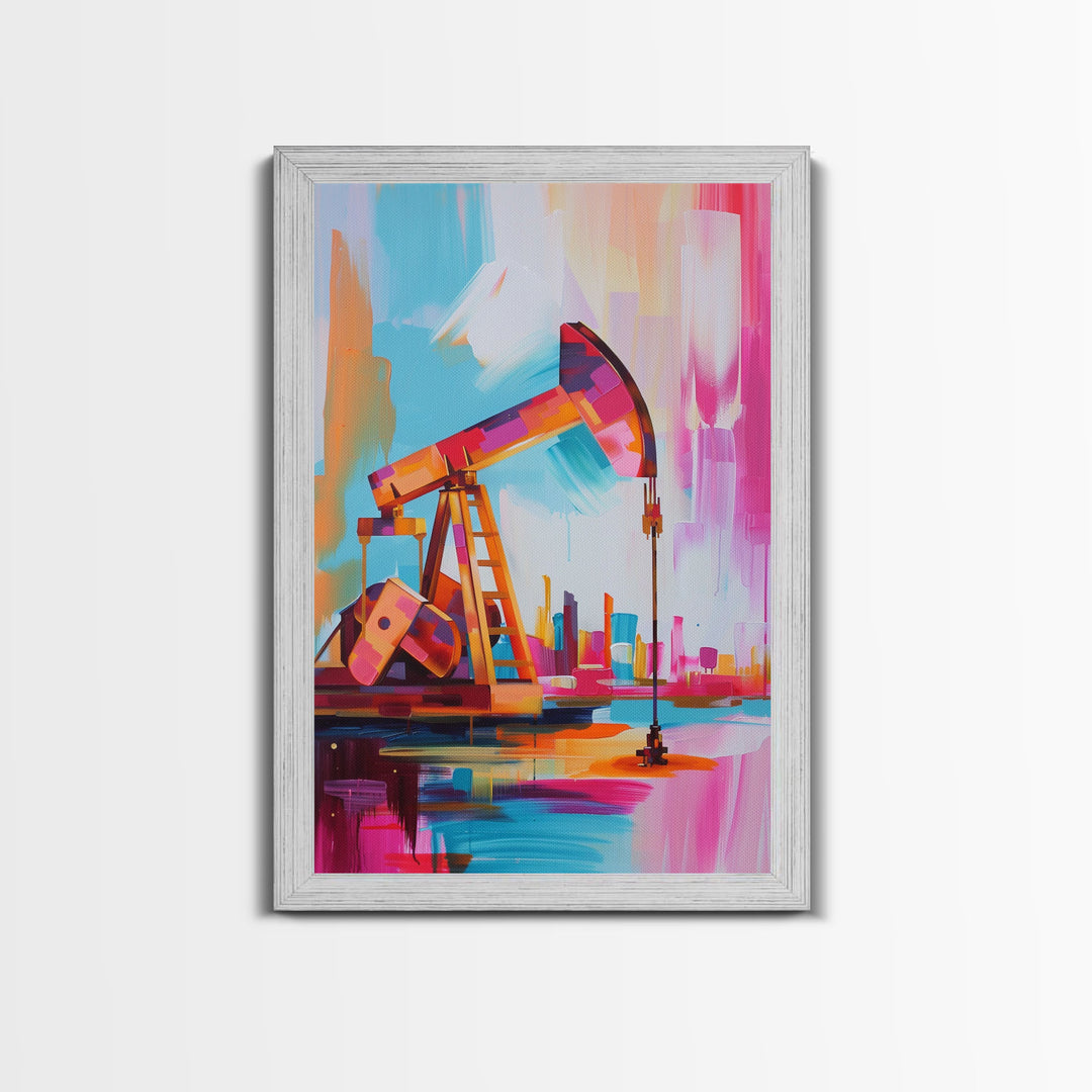 Colorful Oil Derrick Canvas Art - Framed Canvas Print, Contemporary Industrial Decor, Modern Oil Rig Wall Art, Bold Bedroom Decor