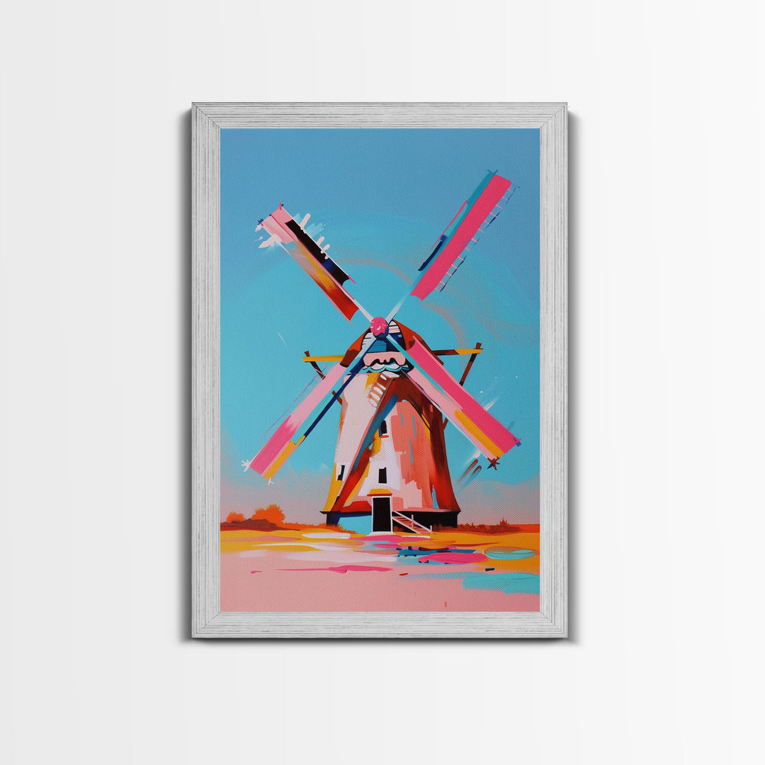 Playful Windmill Canvas Art - Framed Canvas Print, Modern Farmhouse Decor, Bright Windmill Wall Art, Vibrant Bedroom Artwork