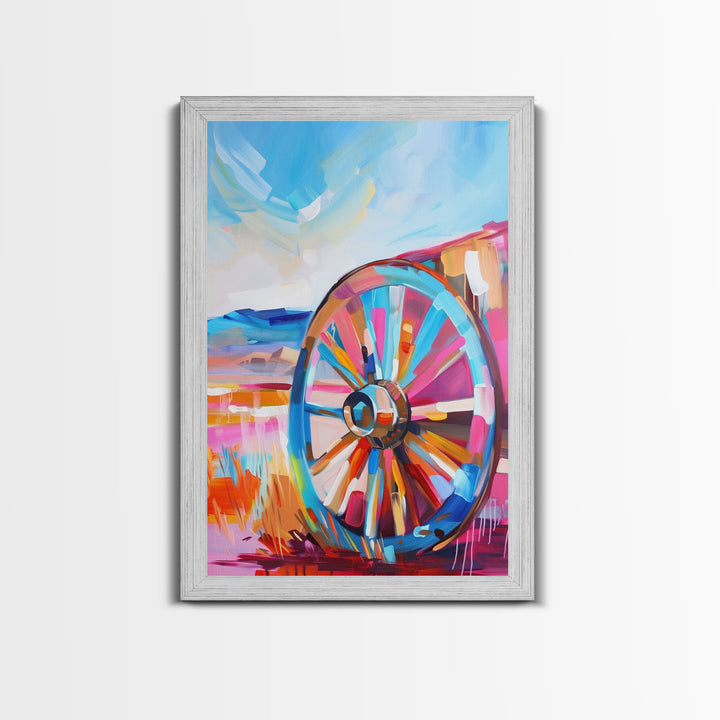 Rustic Wagon Wheel Art - Framed Canvas Print, Colorful Farmhouse Decor, Vibrant Wheel Wall Art, Unique Living Room Artwork