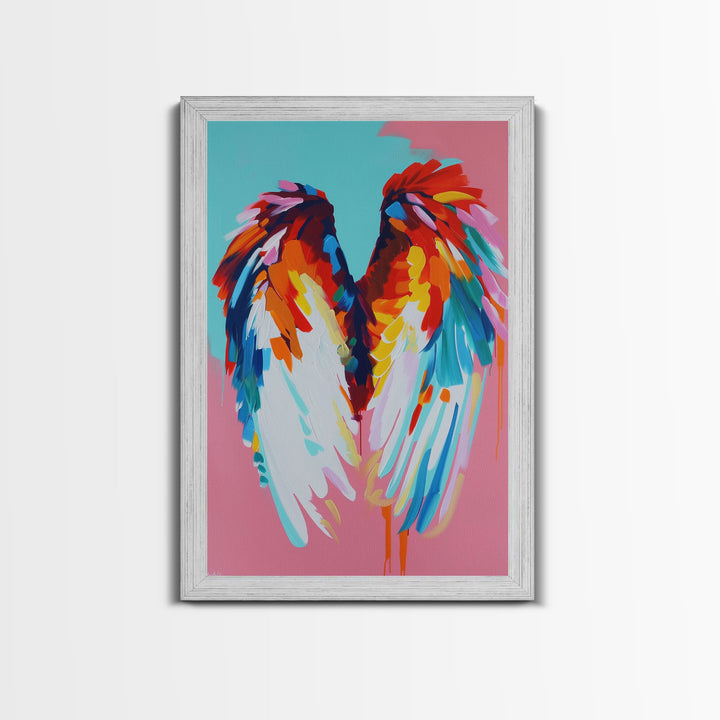 Angel Wings Abstract Art - Framed Canvas Print, Colorful Wing Decor, Modern Angel Wall Art, Whimsical Bedroom Decoration