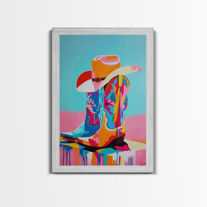 Colorful Cowboy Boots and Hat Illustration - Framed Canvas Print, Vibrant Western Decor, Cowboy Art for Living Room, Western Wall Art