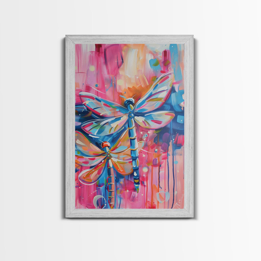 Vibrant Dragonflies in Abstract Background - Framed Canvas Print, Nature-Inspired Art, Colorful Insect Decor, Living Room Wall Art