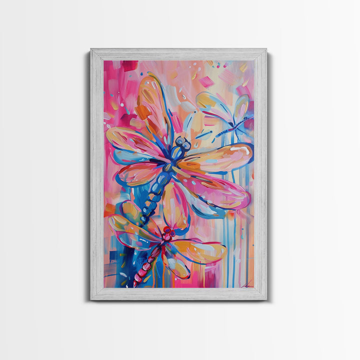 Trio of Colorful Dragonflies in Abstract Art - Framed Canvas Print, Nature-Inspired Wall Art, Vibrant Living Room Decor, Bedroom Art