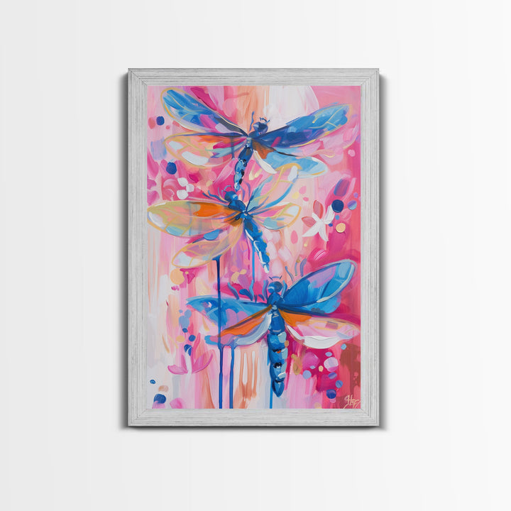 Abstract Dragonfly Trio in Vibrant Colors - Framed Canvas Print, Colorful Nature Art, Living Room Decor, Bedroom Wall Art