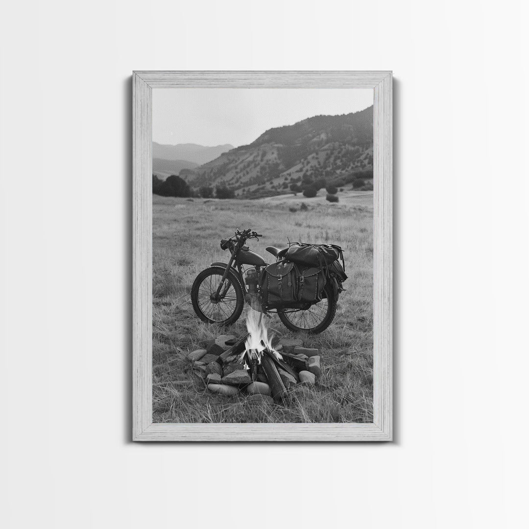 Vintage Motorcycle with Campfire in Black and White for Western Wall Art, Canvas Prints, Rustic Home Decor, Living Room Art, Bedroom Art