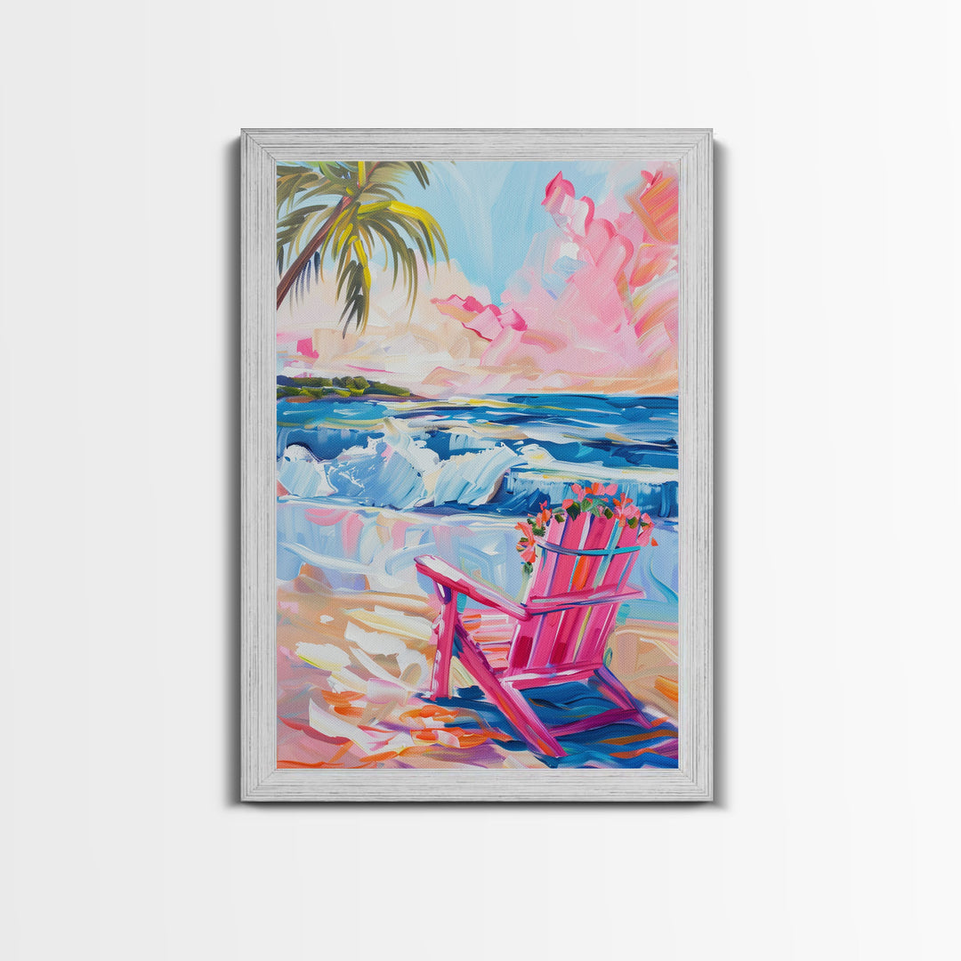 Vibrant Beach Scene with House and Palm Trees - Framed Canvas Print, Colorful Coastal Art, Living Room Decor, Beach House Wall Art