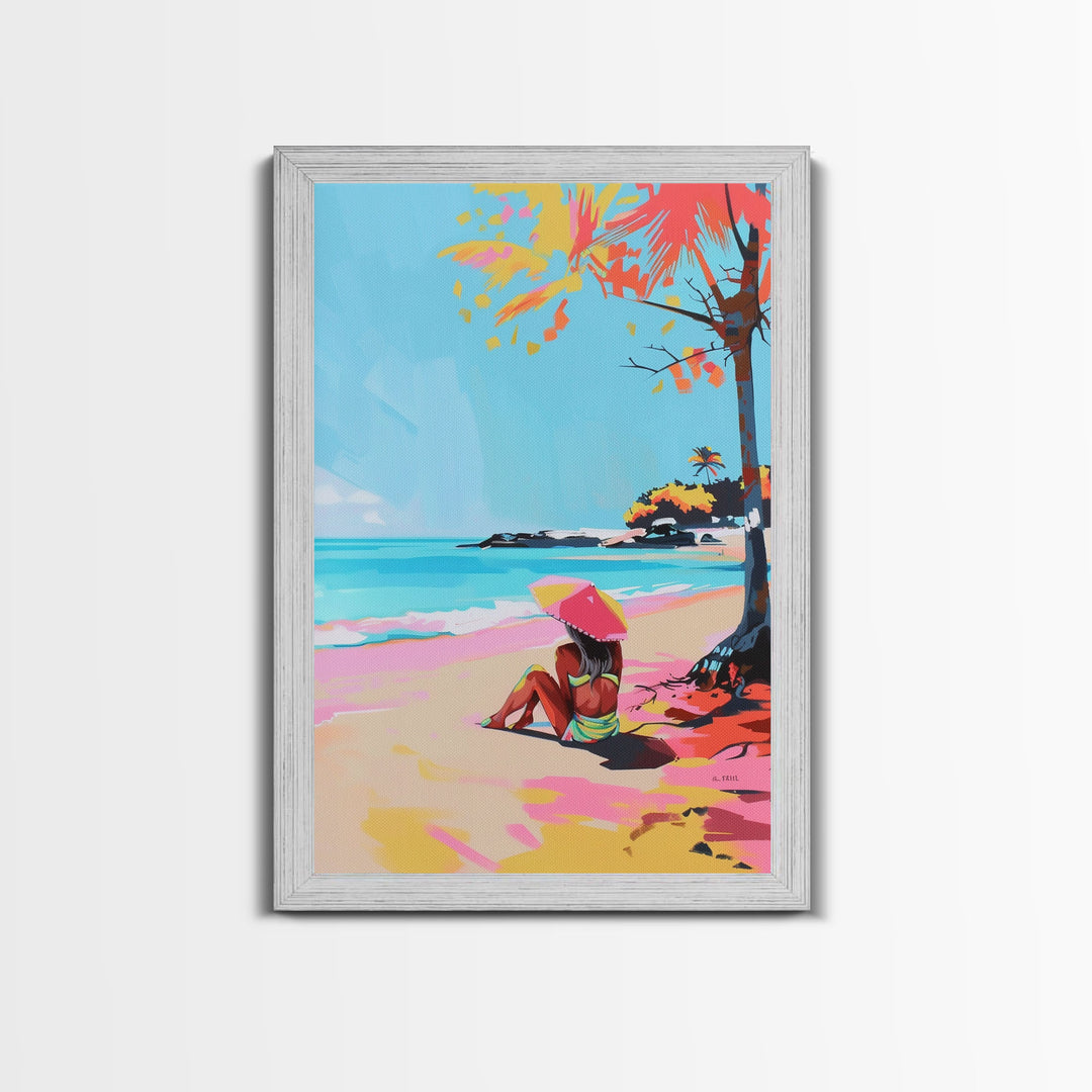 Woman Relaxing on the Beach Under a Parasol - Framed Canvas Print, Summer Vibes Wall Art, Relaxation Decor for Bedroom