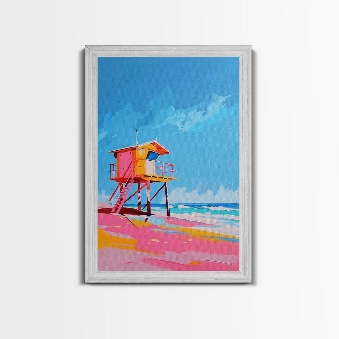 Colorful Lifeguard Tower on Sunny Beach - Framed Canvas Print, Beach House Decor, Coastal Art for Living Room or Office