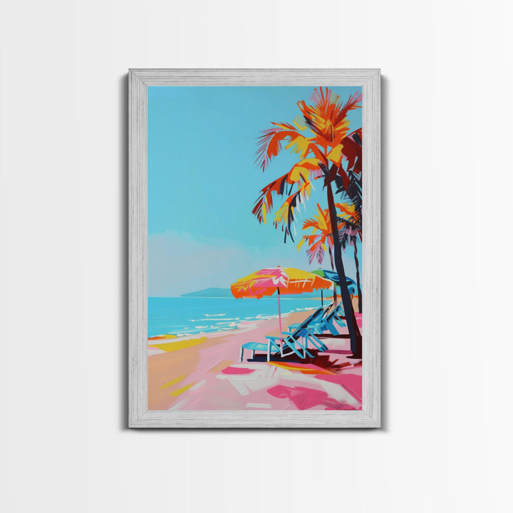 Palm Trees and Sun Loungers on Tropical Beach - Framed Canvas Print, Vacation Paradise Art, Beach Decor for Living Room