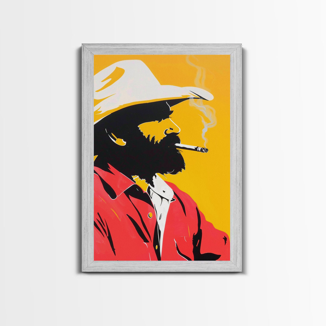 Silhouette of Bearded Man Smoking - Framed Canvas Print, Bold Pop Art, Modern Wall Art for Living Room or Man Cave