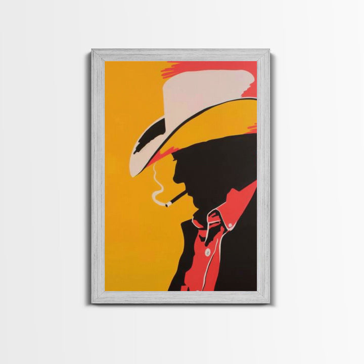 Cowboy Silhouette with Hat and Cigarette - Framed Canvas Print, Western Pop Art, Rustic Decor for Living Room or Office