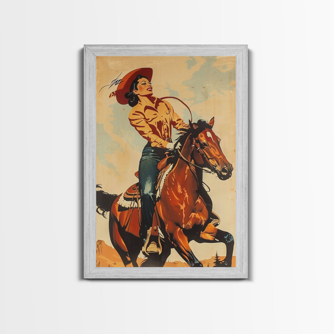 Dynamic Cowgirl on Horseback in Action | Framed Canvas Print | Western Wall Art | Living Room Decor | Rustic Home Decor