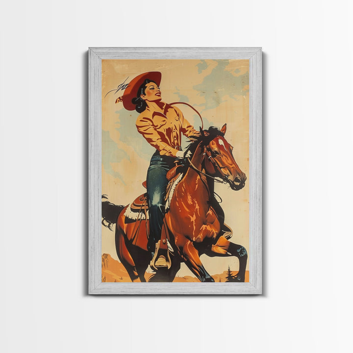 Dynamic Cowgirl on Horseback in Action | Framed Canvas Print | Western Wall Art | Living Room Decor | Rustic Home Decor