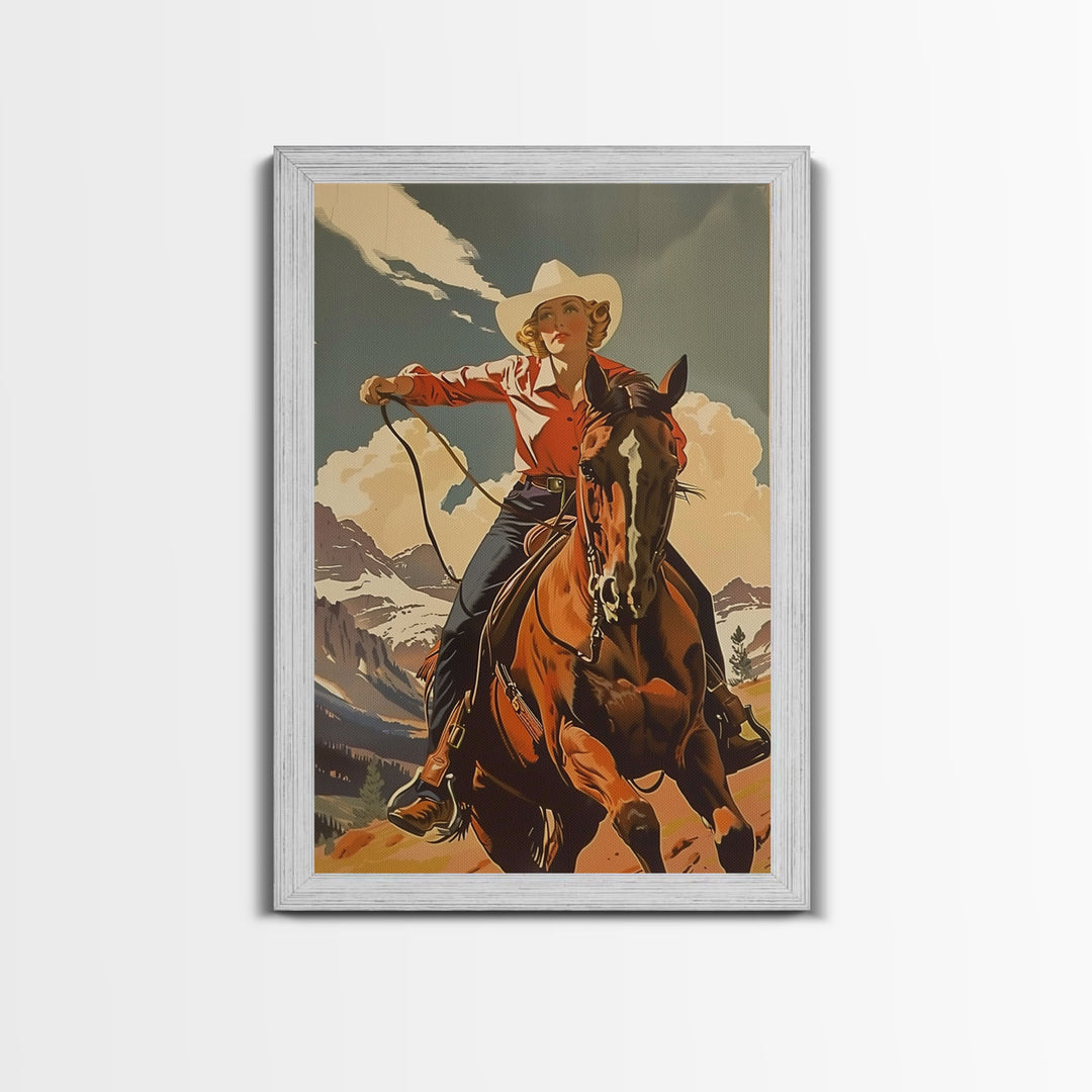 Brave Cowgirl in Mountains with Horse | Framed Canvas Print | Western Wall Art | Living Room Decor | Rustic Home Decor