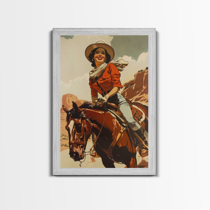 Smiling Cowgirl Riding Through Desert | Framed Canvas Print | Western Wall Art | Living Room Decor | Rustic Home Decor