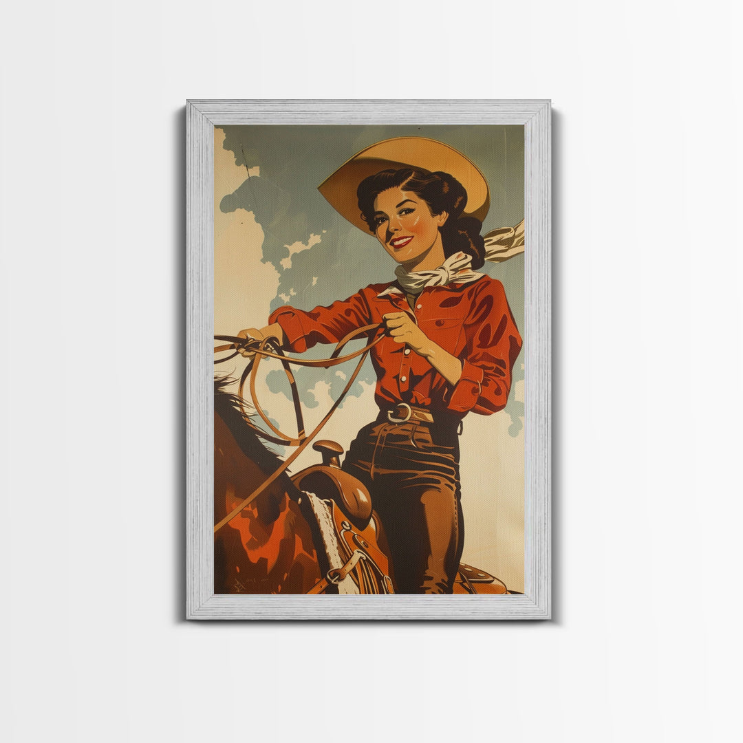 Classic Cowgirl with Red Outfit on Horse | Framed Canvas Print | Western Wall Art | Living Room Decor | Rustic Home Decor