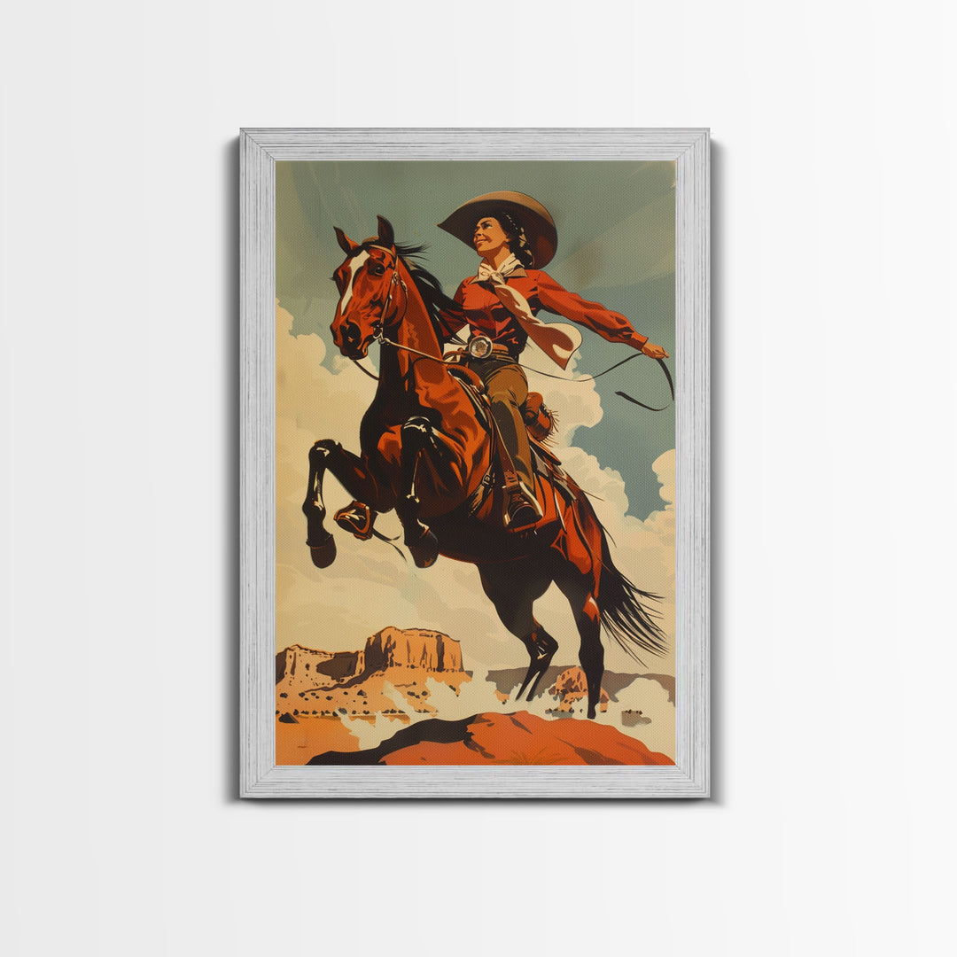 Elegant Cowgirl Commanding Horse | Framed Canvas Print | Western Wall Art | Living Room Decor | Rustic Home Decor