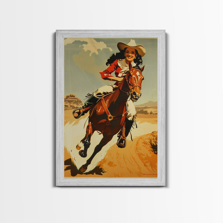 Graceful Cowgirl Jumping with Horse | Framed Canvas Print | Western Wall Art | Living Room Decor | Rustic Home Decor