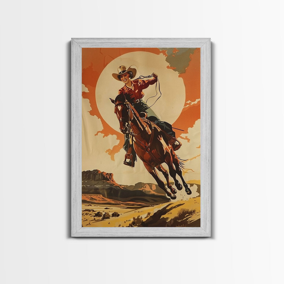 Spirited Cowgirl Racing Horse in Desert | Framed Canvas Print | Western Wall Art | Living Room Decor | Rustic Home Decor