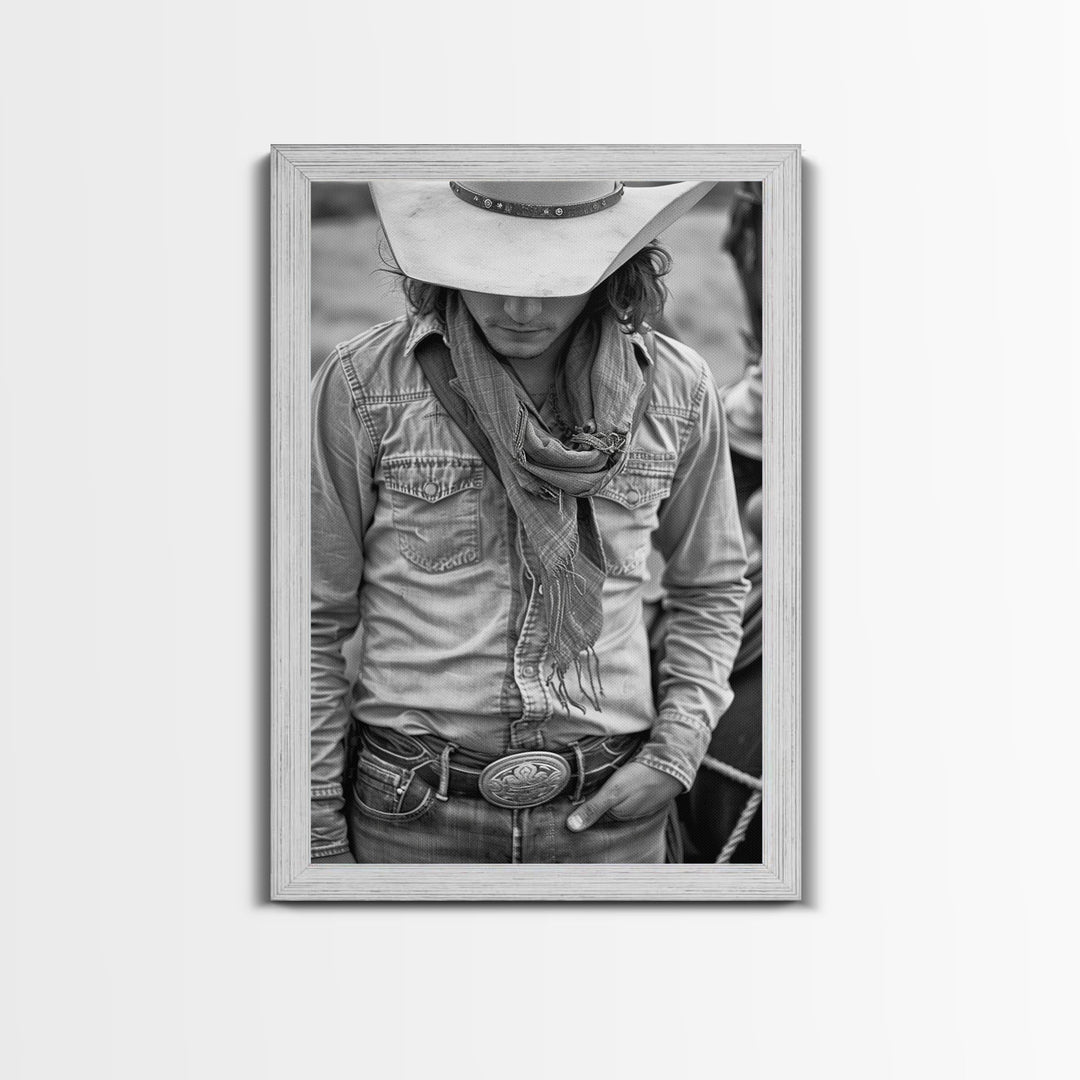 Cowboy with Hat and Scarf Looking Down in Black and White for Western Wall Art, Canvas Prints, Home Decor, Living Room Art, Bedroom Art